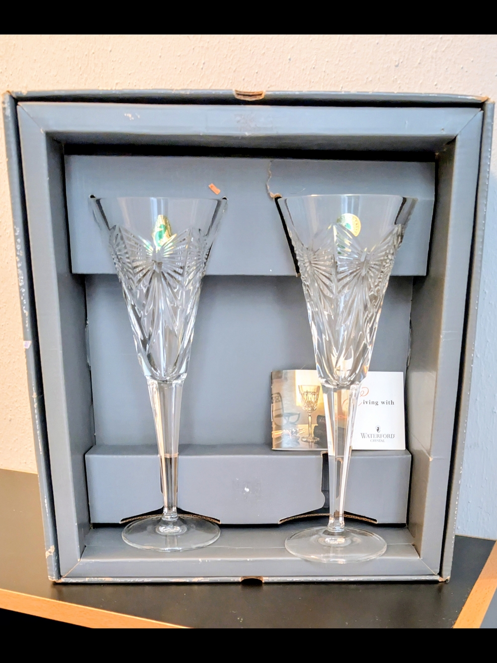Waterford Clear Cut-Glass Champagne Flutes  Happiness- Pair
